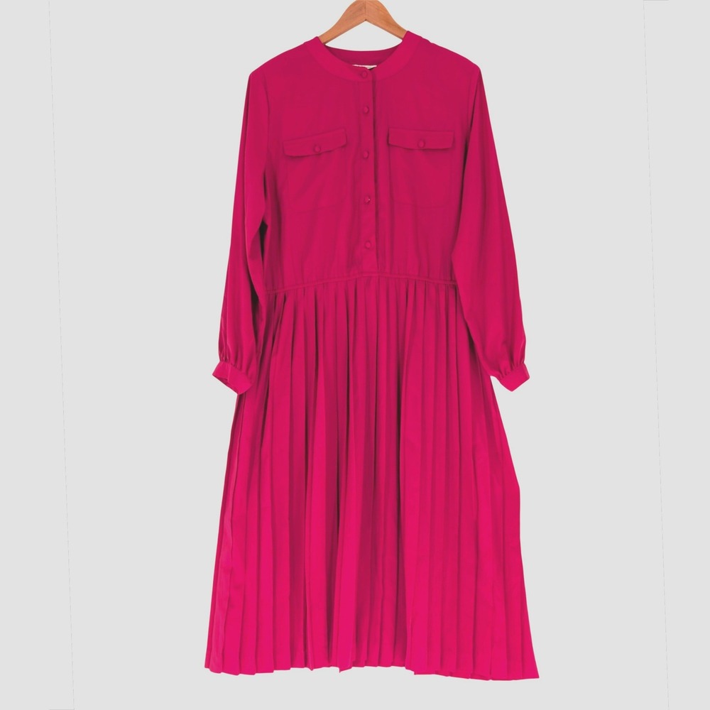Hana Sung Vintage Pleated Midi Dress Women 18 Magenta Pink Long Sleeve 80s Retro